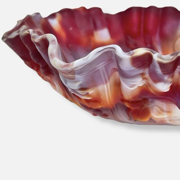 Imperial Glass Red Slag Bowl Crimped Edge Roses Marbled Swirl Colors 60s Vtg 9" - Picture 7 of 16